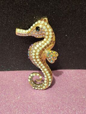 Vintage Style Pink & Multi Colored Rhinestone Seahorse Brooch - 3 1/2" Size